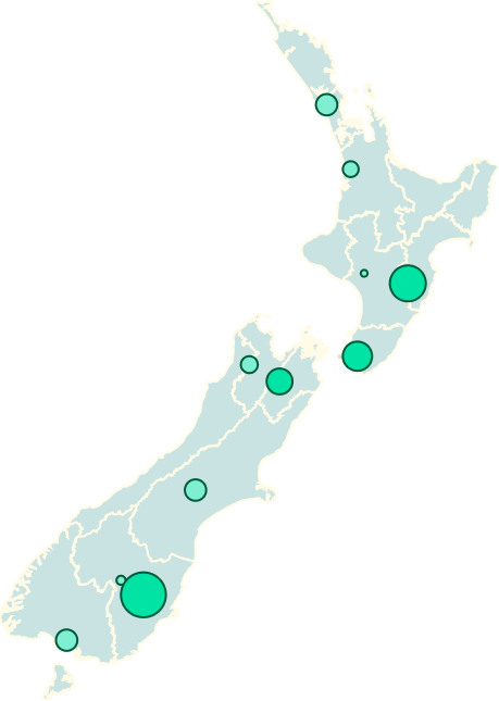 Map of New Zealand showing where Solar on farms programme farms are located